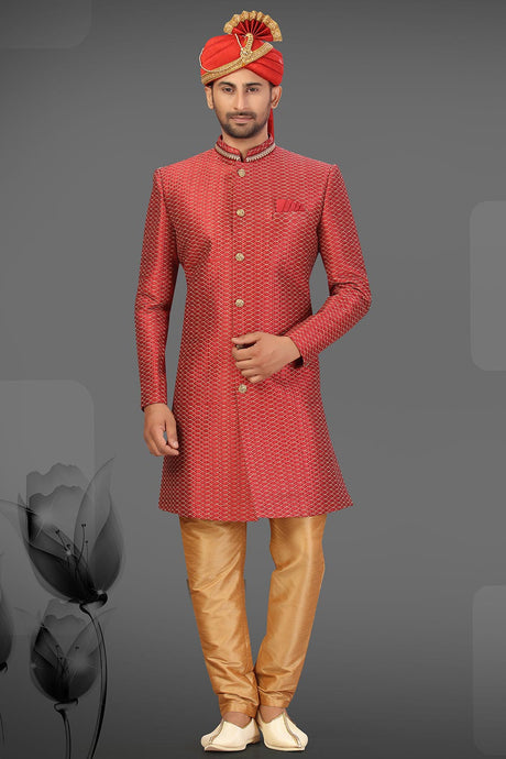 Buy Men's Art Silk  Embroidery  Sherwani Set in Maroon  Online