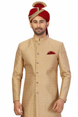 Buy Men's Art Silk  Embroidery  Sherwani Set in Gold Online - Zoom Out