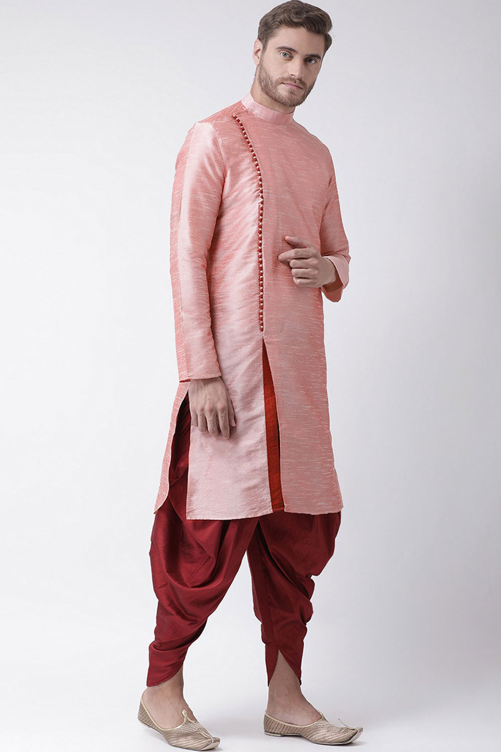 Buy Men's Art Silk Solid Kurta Set in Pink Online - Side