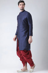 Buy Men's Art Silk Solid Kurta Set in Navy Blue Online - Front