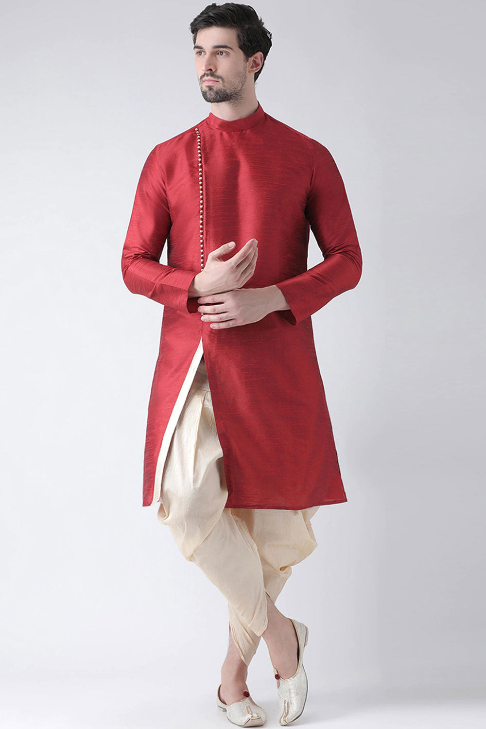 Buy Men's Art Silk Solid Kurta Set in Maroon Online - Back