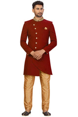 Buy Men's Art Silk  Solid Sherwani Set in Maroon Online - Back