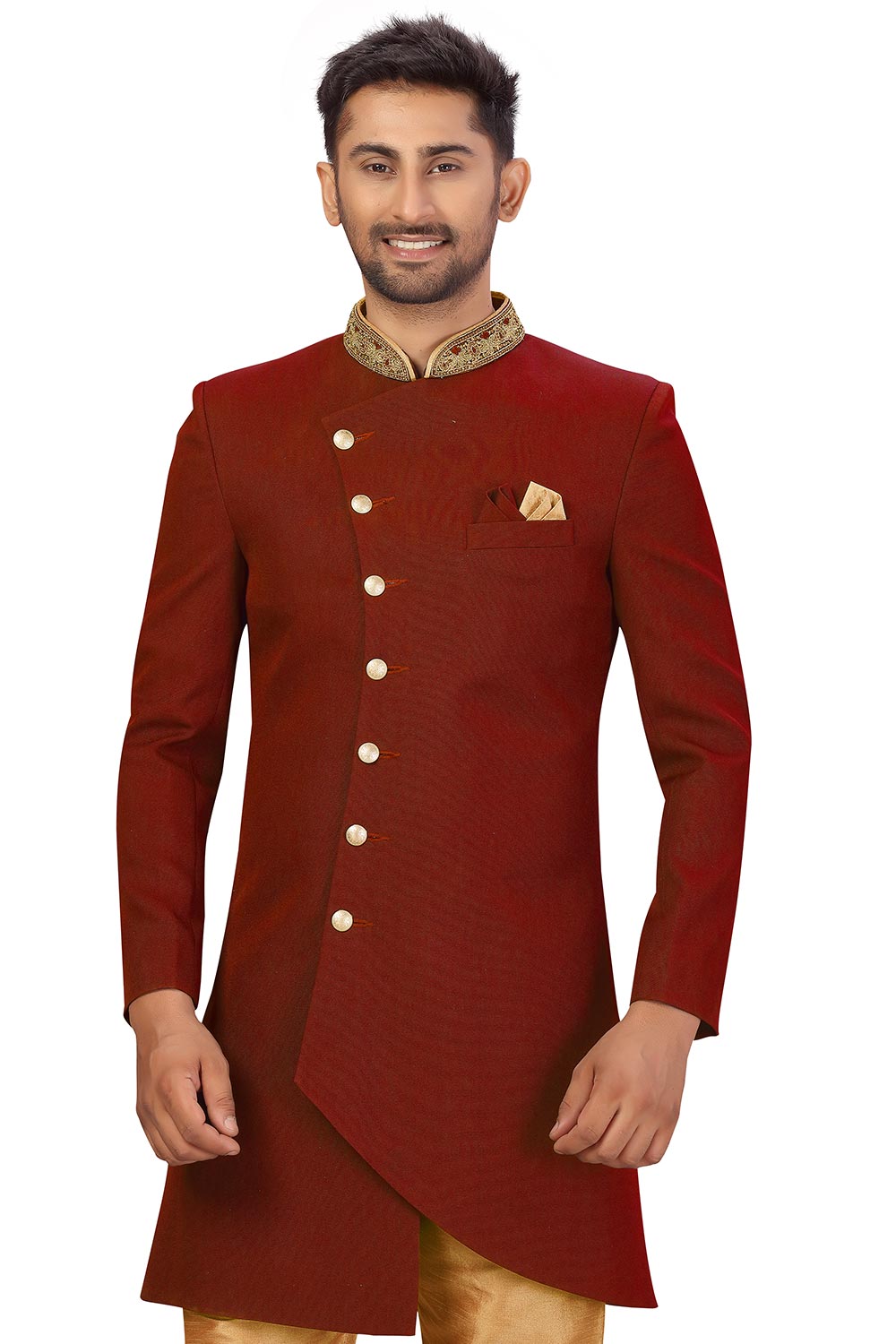 Buy Men's Art Silk  Solid Sherwani Set in Maroon Online - Front