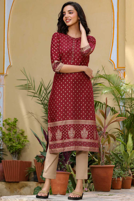 Buy Rayon Foil Printed Kurta Top in Maroon Online