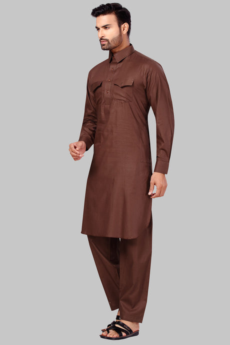 Buy Men's Polyester Solid Kurta Set in Brown Online - Front