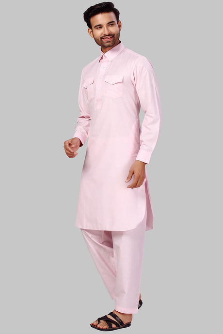 Buy Men's Polyester Solid Kurta Set in Baby Pink Online - Front