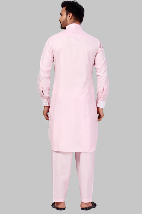 Buy Men's Polyester Solid Kurta Set in Baby Pink Online