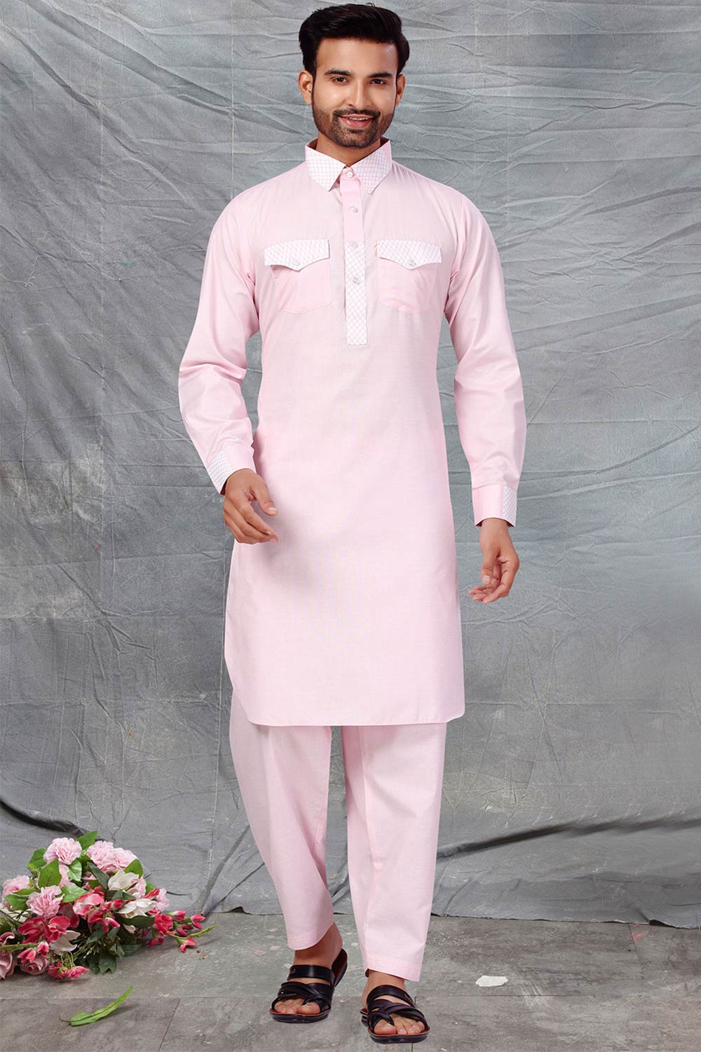 Buy Men's Polyester Solid Kurta Set in Baby Pink Online - Back