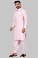 Buy Men's Polyester Solid Kurta Set in Baby Pink Online - Front