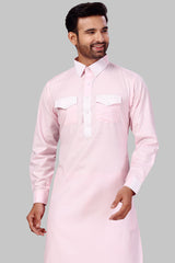 Buy Men's Polyester Solid Kurta Set in Baby Pink Online - Zoom In