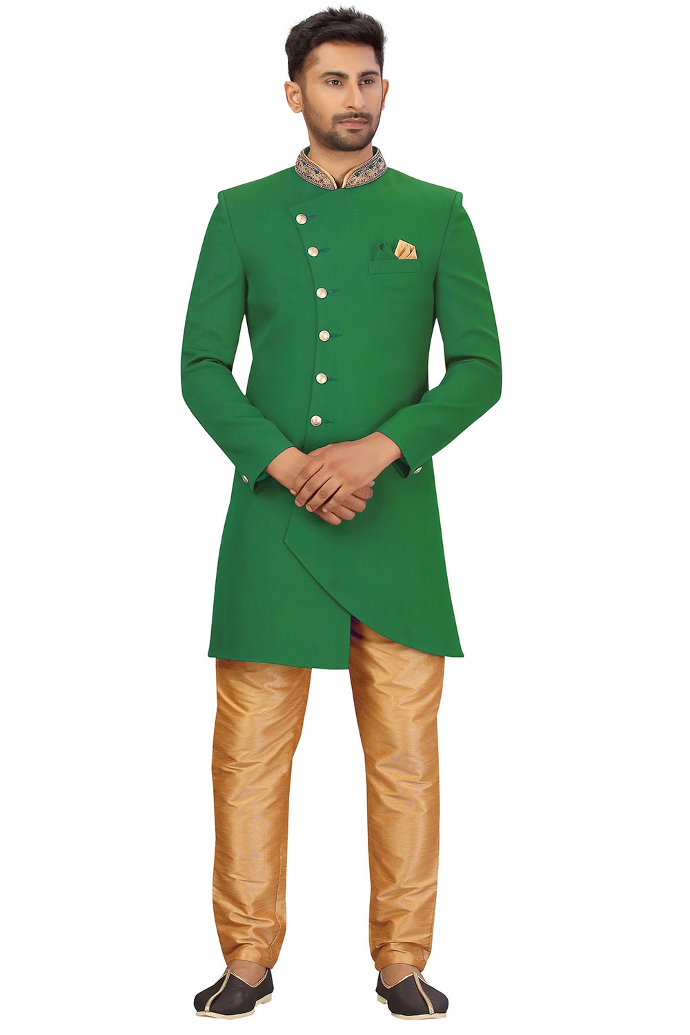 Buy Men's Art Silk  Solid Sherwani Set in Green  Online - Back