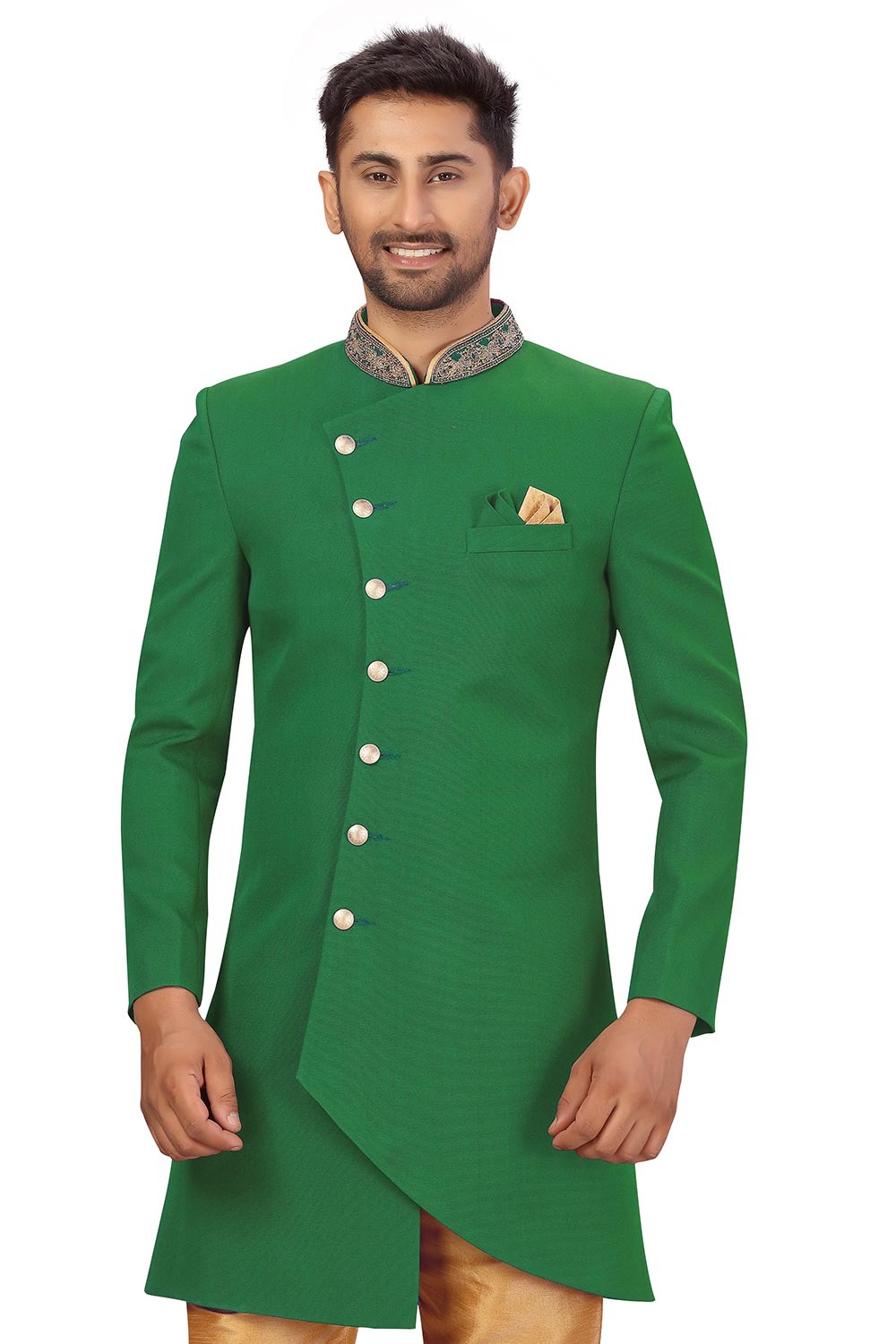 Buy Men's Art Silk  Solid Sherwani Set in Green  Online - Front