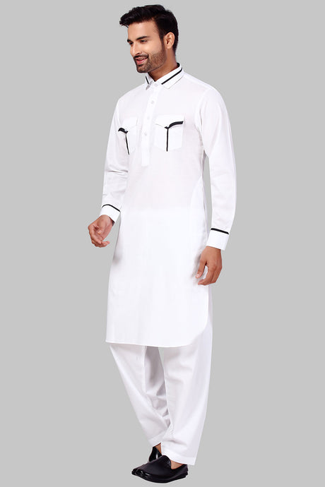 Buy Men's Polyester Solid Kurta Set in White Online - Front