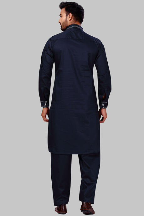 Buy Men's Polyester Solid Kurta Set in Navy Blue Online