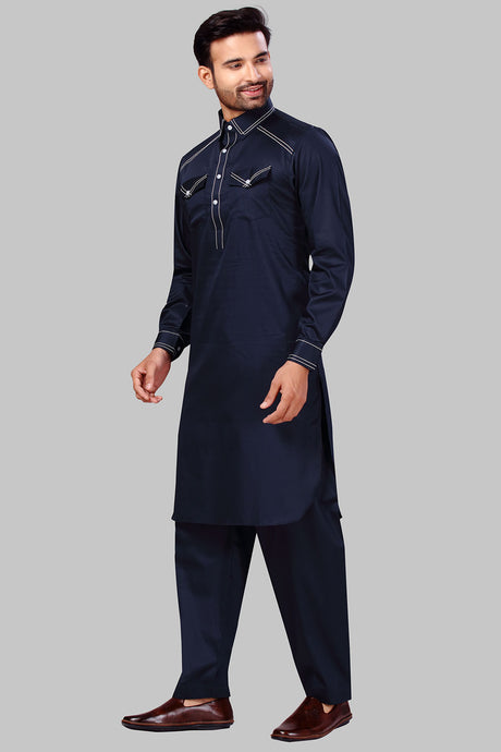 Buy Men's Polyester Solid Kurta Set in Navy Blue Online - Front