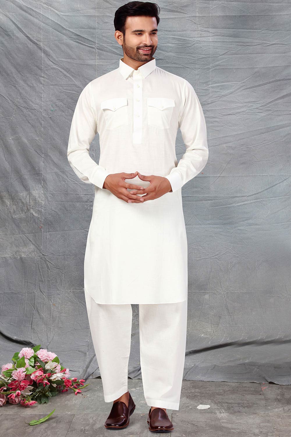 Buy Men's Polyester Solid Kurta Set in Cream Online - Back