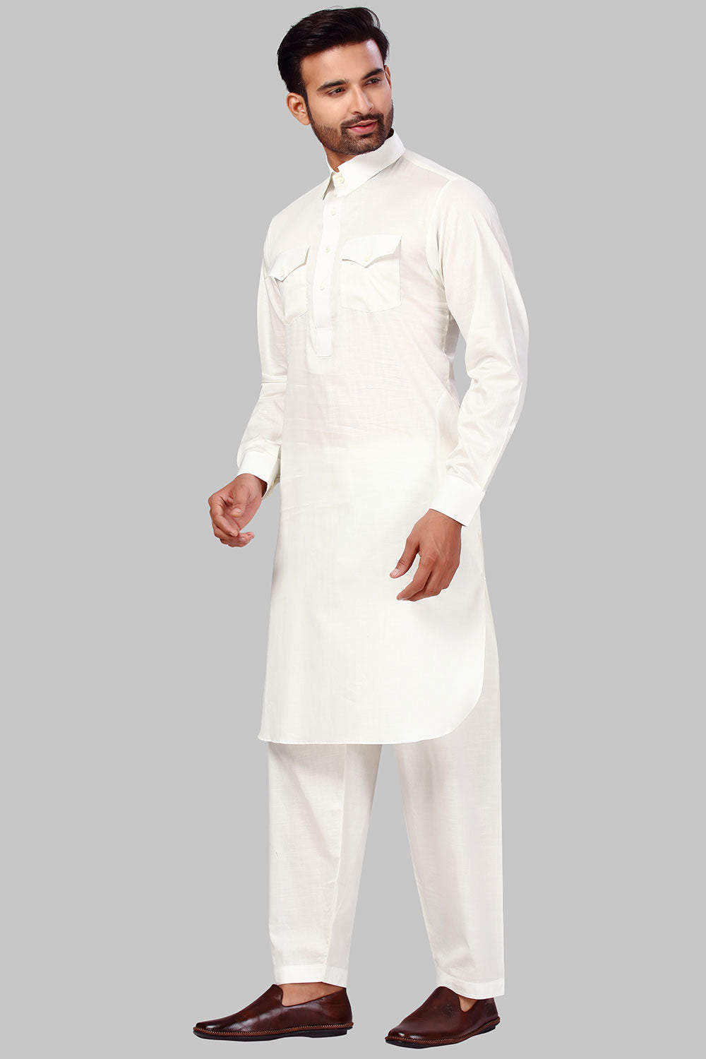 Buy Men's Polyester Solid Kurta Set in Cream Online - Front