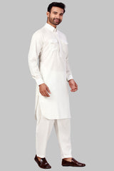 Buy Men's Polyester Solid Kurta Set in Cream Online - Side