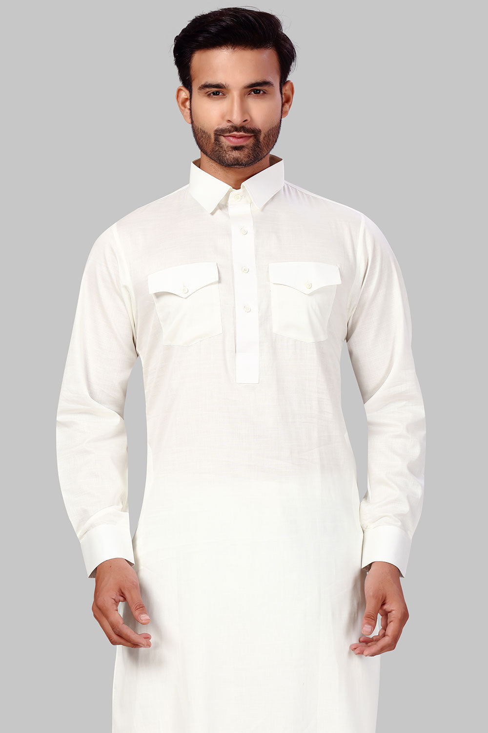 Buy Men's Polyester Solid Kurta Set in Cream Online - Zoom In