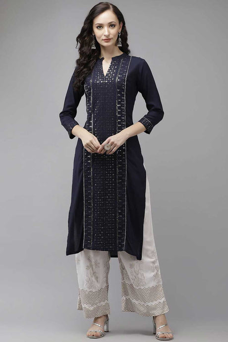 Buy Viscose Rayon Sequin Embroidered Ready to Wear Kurta Set in Navy Blue Online