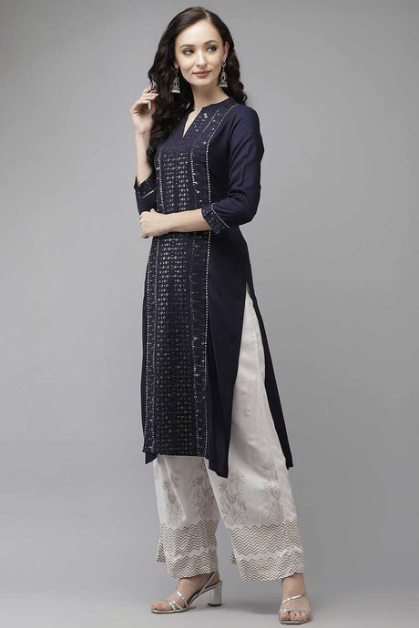 Buy Viscose Rayon Sequin Embroidered Ready to Wear Kurta Set in Navy Blue Online - Back
