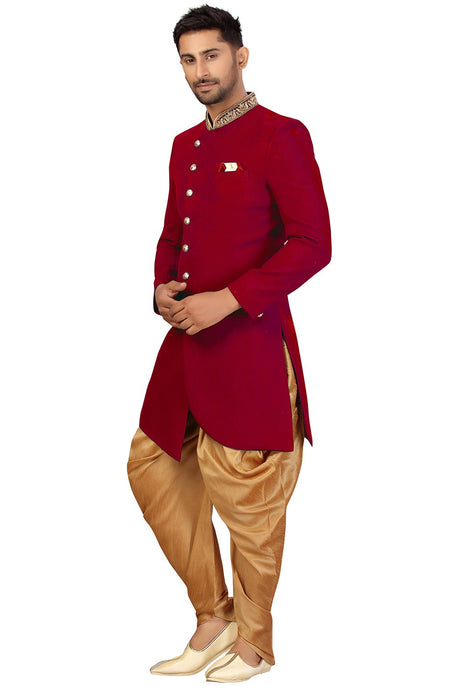 Buy Men's Art Silk  Solid Sherwani Set in Maroon  Online