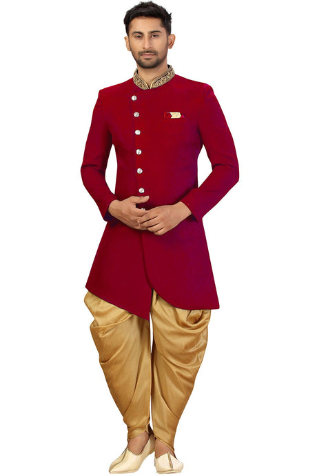 Buy Men's Art Silk  Solid Sherwani Set in Maroon  Online - Back