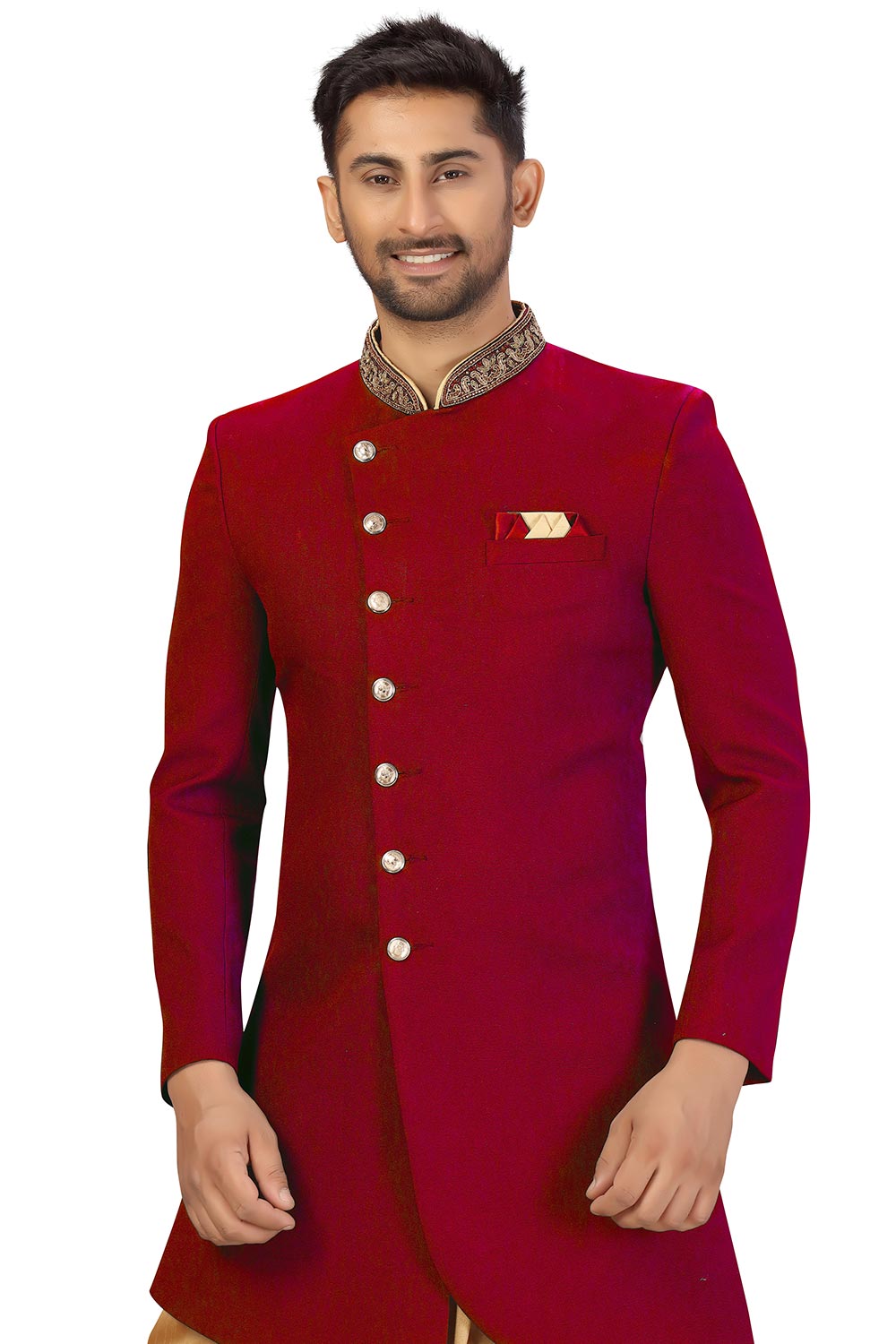 Buy Men's Art Silk  Solid Sherwani Set in Maroon  Online - Front