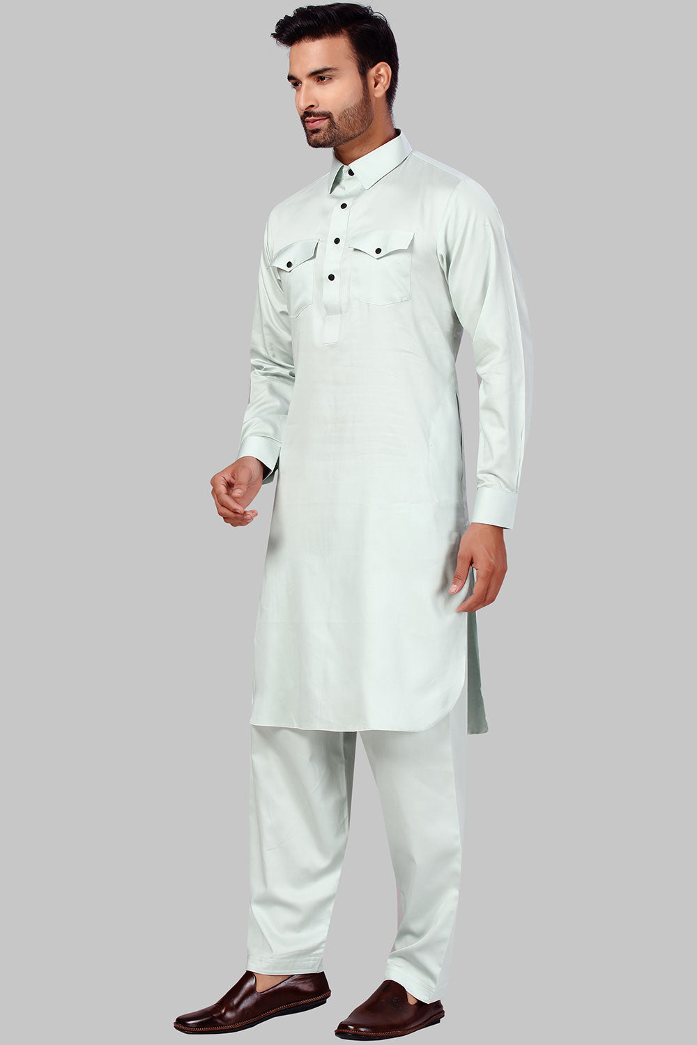 Buy Men's Polyester Solid Kurta Set in Light Pista Online - Front