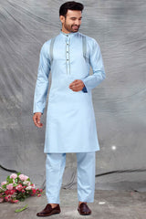 Buy Men's Polyester Solid Kurta Set in Sky Blue Online - Back