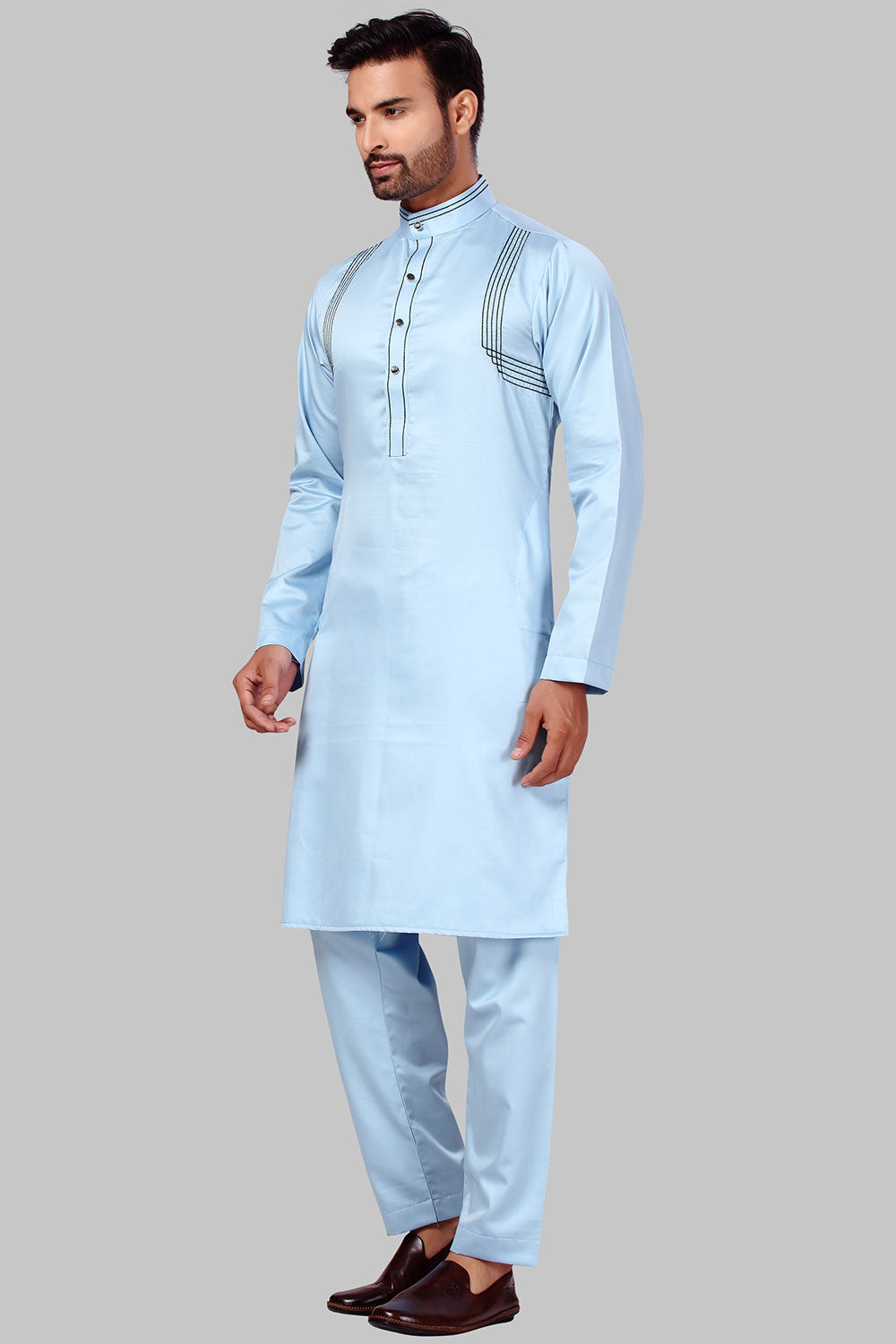 Buy Men's Polyester Solid Kurta Set in Sky Blue Online - Front