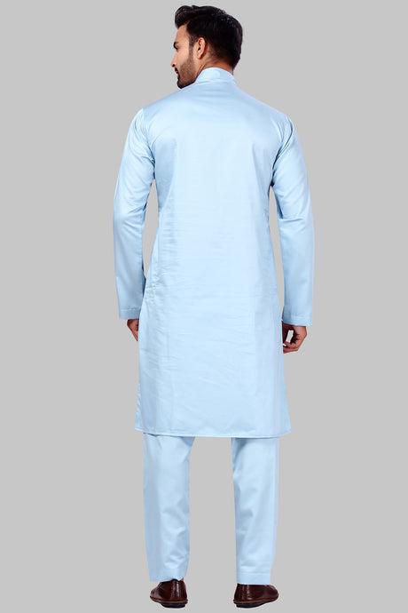 Buy Men's Polyester Solid Kurta Set in Sky Blue Online