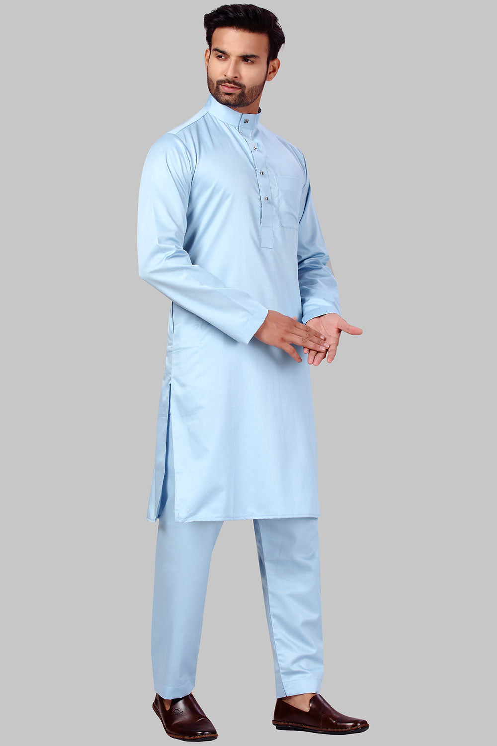 Buy Men's Polyester Solid Kurta Set in Sky Blue Online - Side