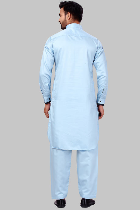 Buy Men's Polyester Solid Kurta Set in Sky Blue Online