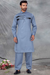 Buy Men's Polyester Solid Kurta Set in Bluish Grey Online - Back