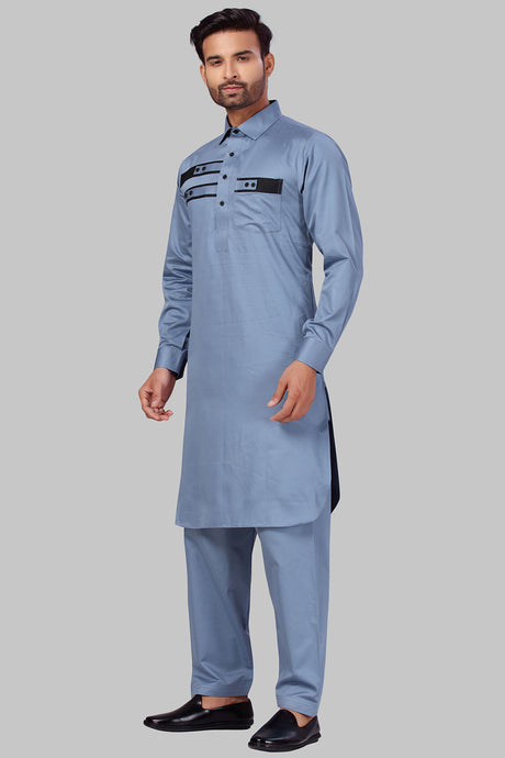 Buy Men's Polyester Solid Kurta Set in Bluish Grey Online - Front