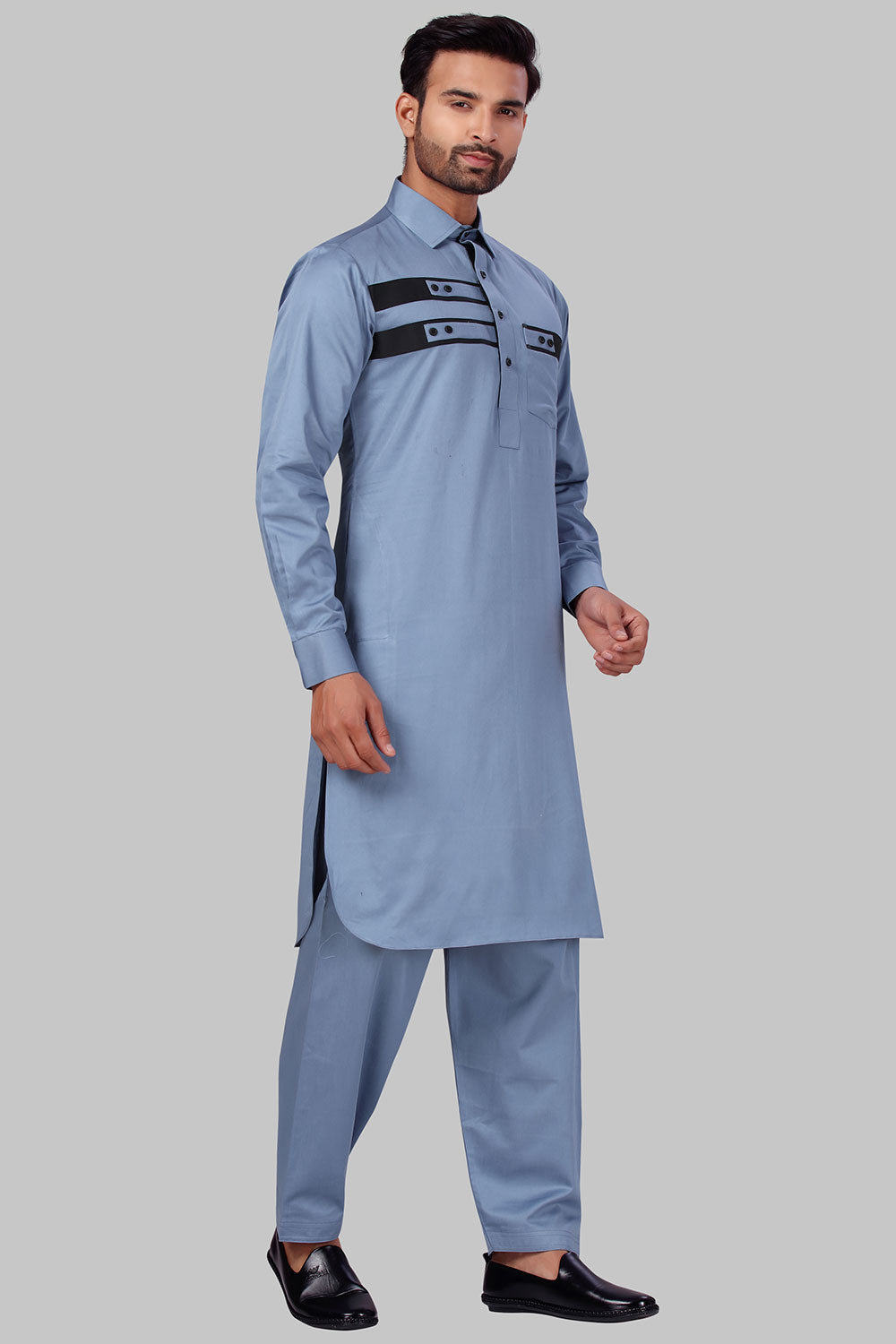 Buy Men's Polyester Solid Kurta Set in Bluish Grey Online - Side