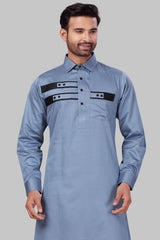 Buy Men's Polyester Solid Kurta Set in Bluish Grey Online - Zoom In