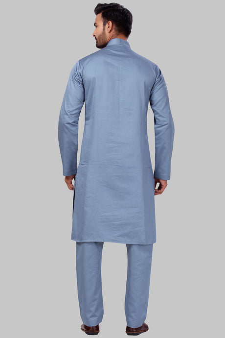 Buy Men's Polyester Solid Kurta Set in Bluish Grey Online