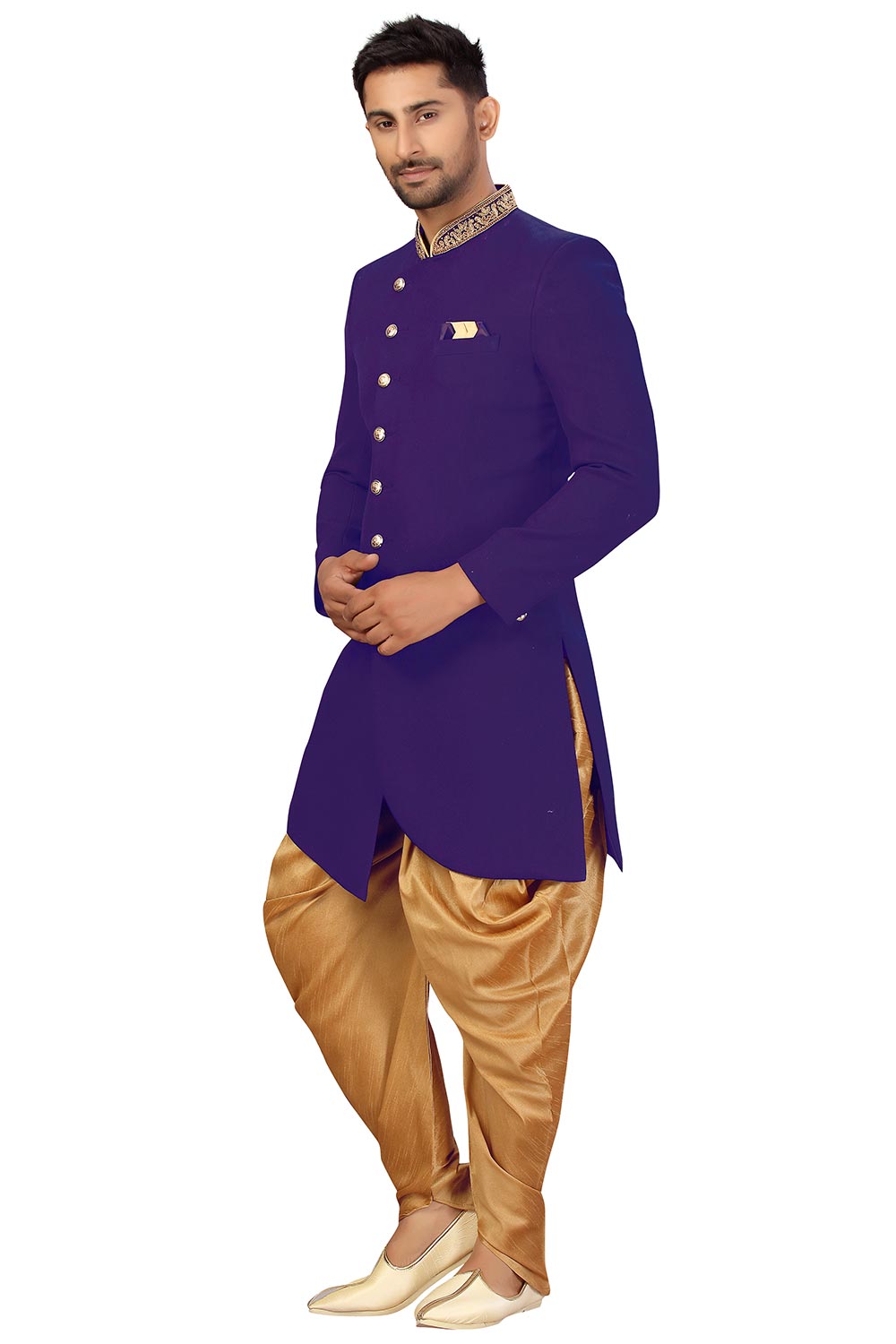 Buy Men's Art Silk  Solid Sherwani Set in Blue  Online