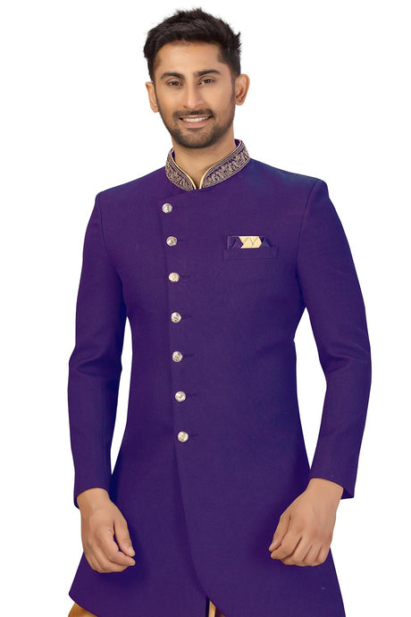 Buy Men's Art Silk  Solid Sherwani Set in Blue  Online - Back