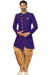 Buy Men's Art Silk  Solid Sherwani Set in Blue  Online - Front