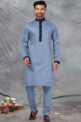 Buy Men's Polyester Solid Kurta Set in Bluish Grey Online - Back