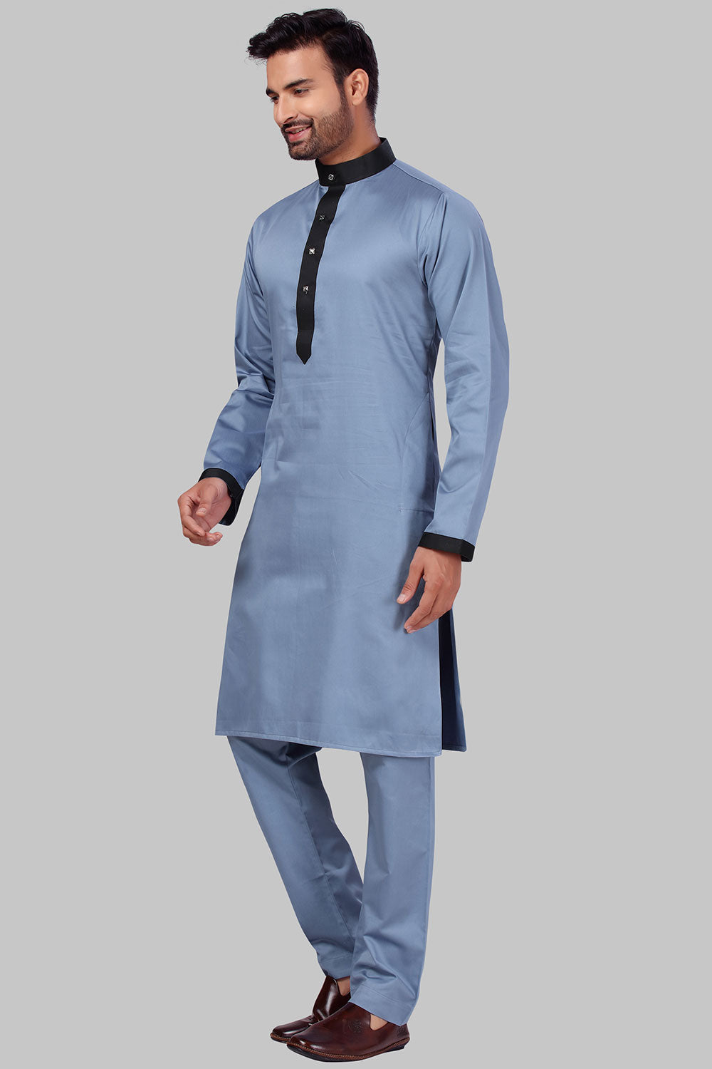 Buy Men's Polyester Solid Kurta Set in Bluish Grey Online - Front