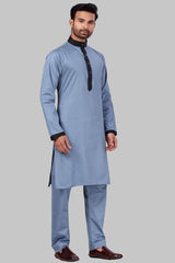 Buy Men's Polyester Solid Kurta Set in Bluish Grey Online - Side