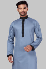 Buy Men's Polyester Solid Kurta Set in Bluish Grey Online - Zoom In