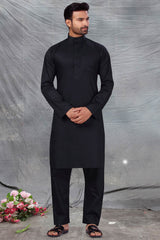 Buy Men's Polyester Solid Kurta Set in Black Online - Back