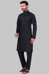 Buy Men's Polyester Solid Kurta Set in Black Online - Front