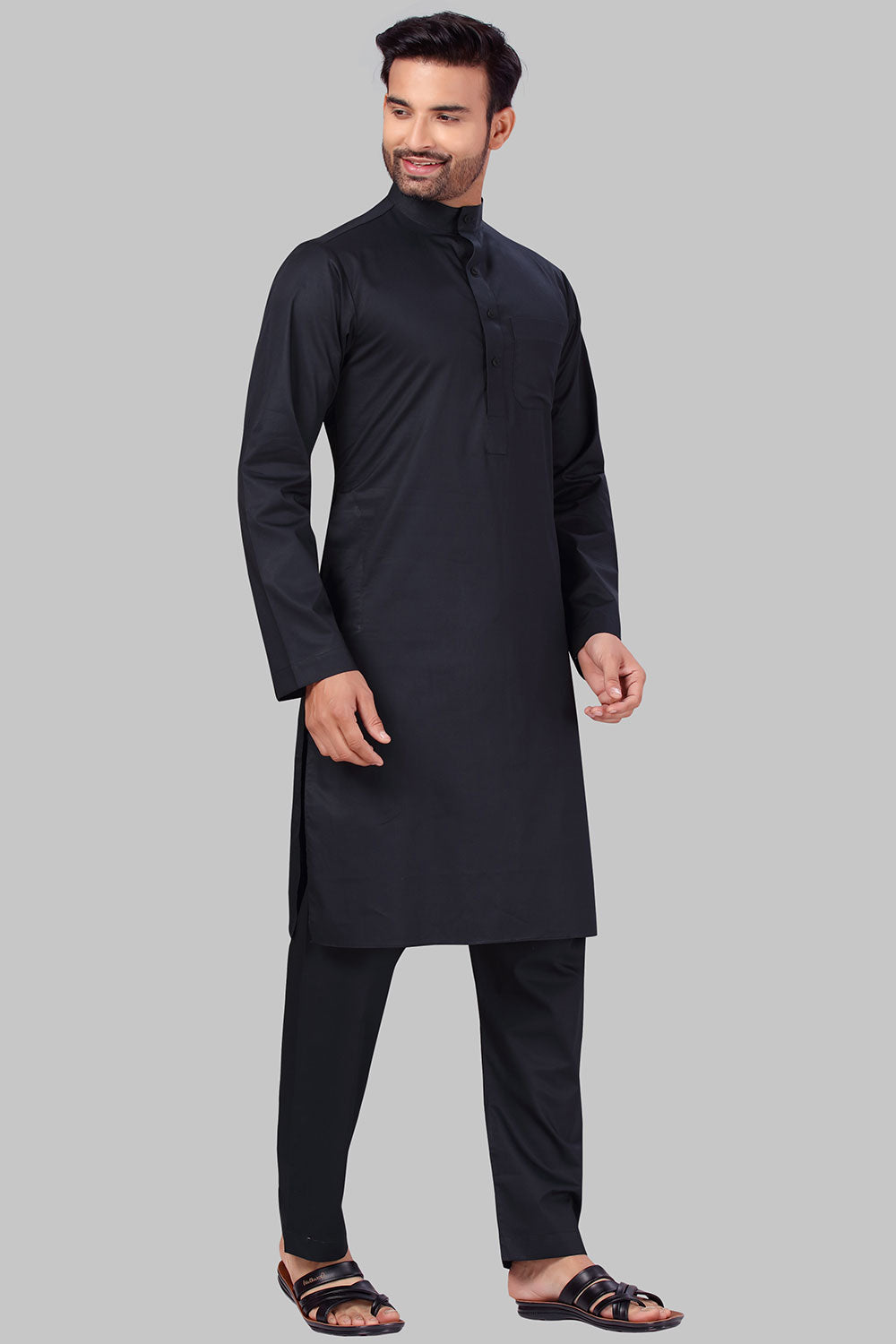 Buy Men's Polyester Solid Kurta Set in Black Online - Side