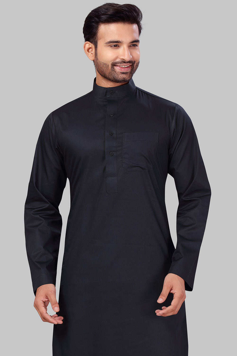 Buy Men's Polyester Solid Kurta Set in Black Online - Zoom In